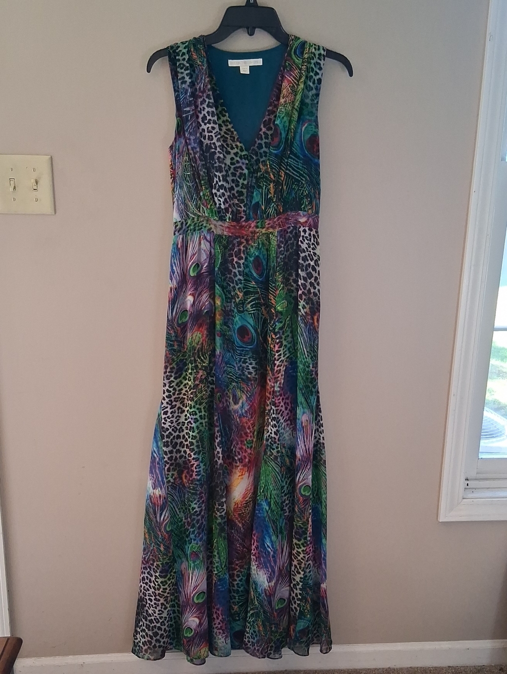 BOSTON PROPER SIZE 2 MAXI PEACOCK FEATHER SLEEVELESS DRESS